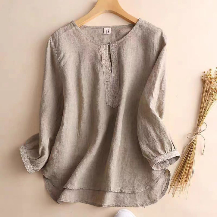 Chemise décontractée en coton et lin à manches trois-quarts et col rond ajouré pour femme avec Buddha Stones