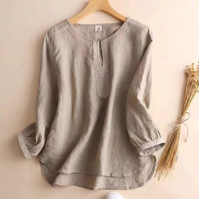 Chemise décontractée en coton et lin à manches trois-quarts et col rond ajouré pour femme avec Buddha Stones - Tanné - US8-10，UK/AU12-14，EU40-42 (2XL) - image 1