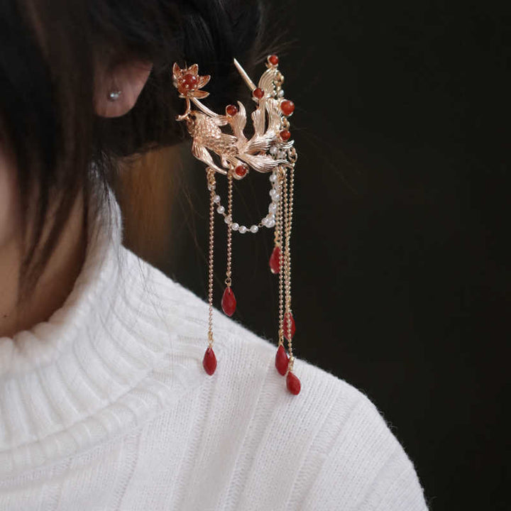 Peigne à cheveux en forme de fleur de poisson koï de style chinois avec Buddha Stones et agate rouge en cuivre plaqué or