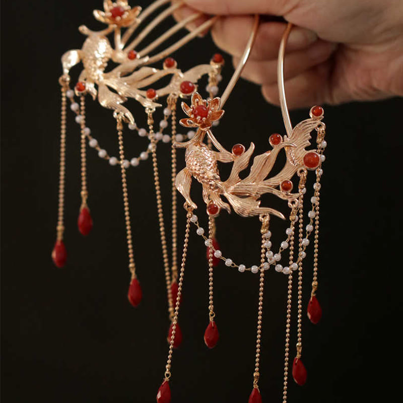 Peigne à cheveux en forme de fleur de poisson koï de style chinois avec Buddha Stones et agate rouge en cuivre plaqué or
