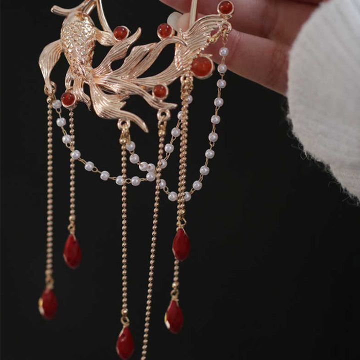 Peigne à cheveux en forme de fleur de poisson koï de style chinois avec Buddha Stones et agate rouge en cuivre plaqué or