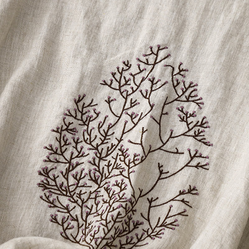 T-shirt femme en coton et lin, manches courtes, col rond, broderie décontractée, motif arbre et Buddha Stones - image 3