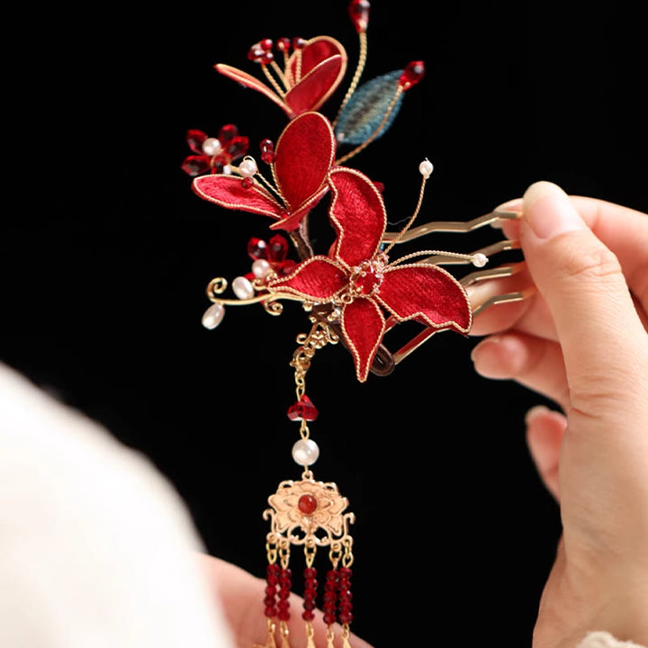 Peigne à cheveux en forme de papillon et de fleur rouge de style chinois classique Buddha Stones
