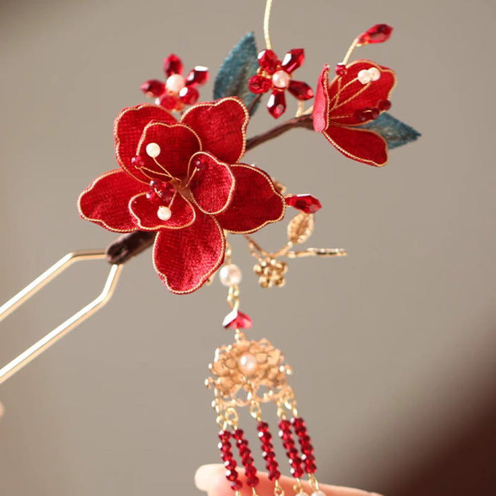 Peigne à cheveux en forme de papillon et de fleur rouge de style chinois classique Buddha Stones