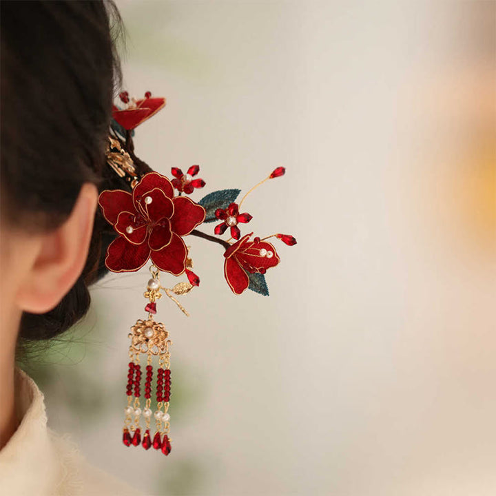 Peigne à cheveux en forme de papillon et de fleur rouge de style chinois classique Buddha Stones