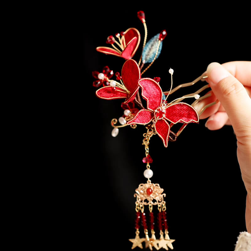 Peigne à cheveux en forme de papillon et de fleur rouge de style chinois classique Buddha Stones