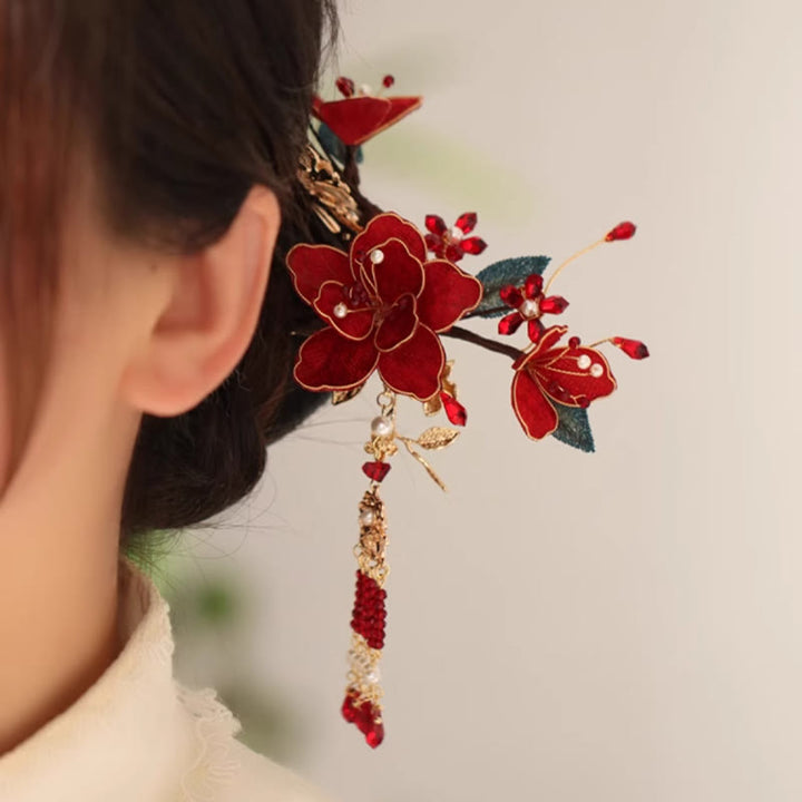 Peigne à cheveux en forme de papillon et de fleur rouge de style chinois classique Buddha Stones