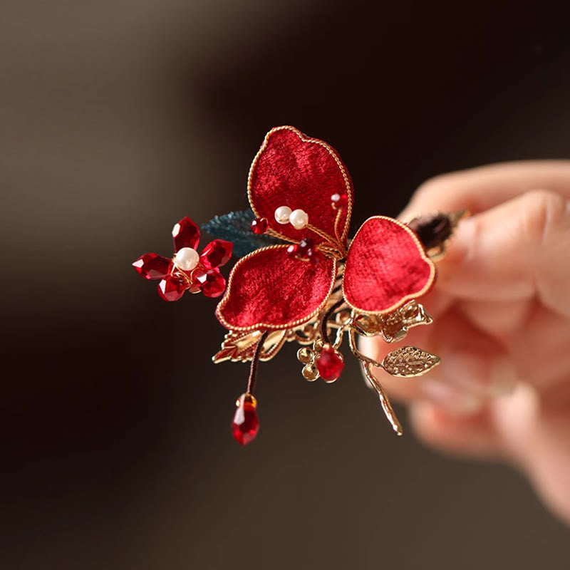Peigne à cheveux en forme de papillon et de fleur rouge de style chinois classique Buddha Stones