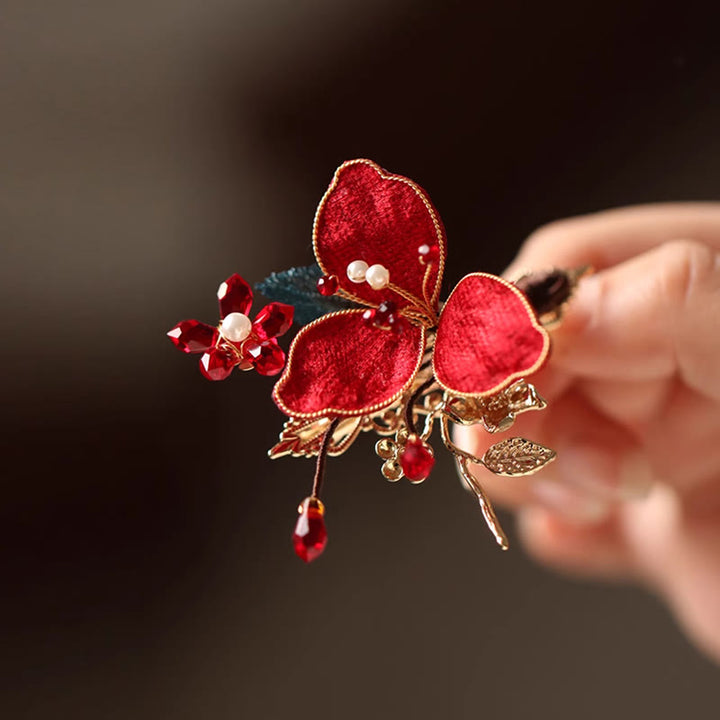 Peigne à cheveux en forme de papillon et de fleur rouge de style chinois classique Buddha Stones