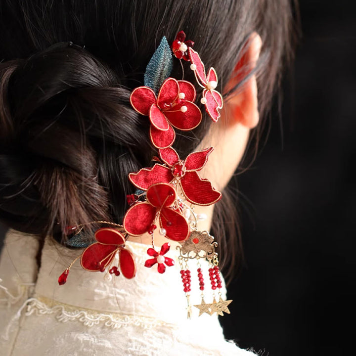 Peigne à cheveux en forme de papillon et de fleur rouge de style chinois classique Buddha Stones