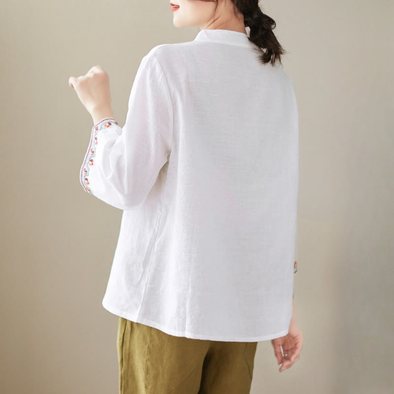 Chemise décontractée en coton et lin à manches trois-quarts et col ras du cou pour femme avec boutons grenouille et jacquard Buddha Stones - image 1