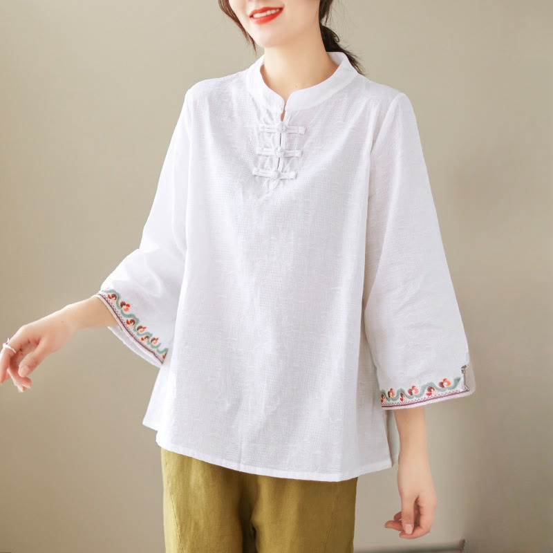 Chemise décontractée en coton et lin à manches trois-quarts et col ras du cou pour femme avec boutons grenouille et jacquard Buddha Stones - Blanc - US8-10，UK/AU12-14，EU40-42 (2XL) - image 0