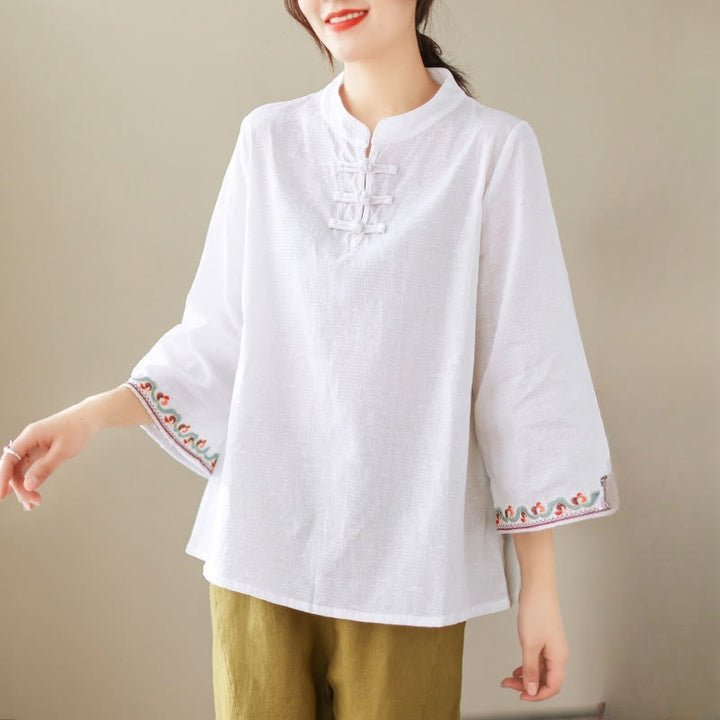 Chemise décontractée en coton et lin à manches trois-quarts et col ras du cou pour femme avec boutons grenouille et jacquard Buddha Stones - Blanc - US8-10，UK/AU12-14，EU40-42 (2XL) - image 0