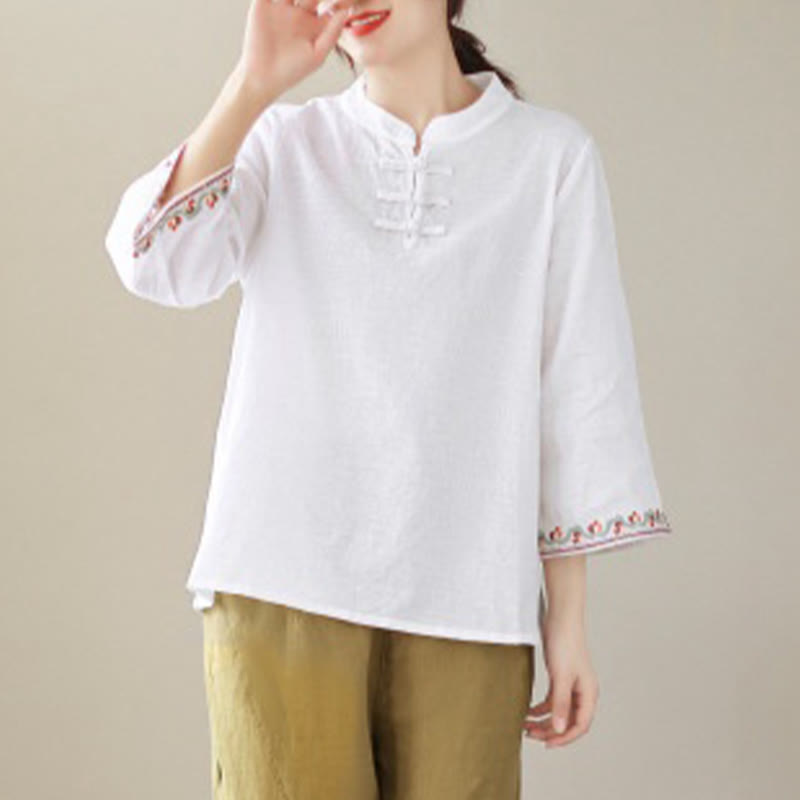 Chemise décontractée en coton et lin à manches trois-quarts et col ras du cou pour femme avec boutons grenouille et jacquard Buddha Stones - image 8