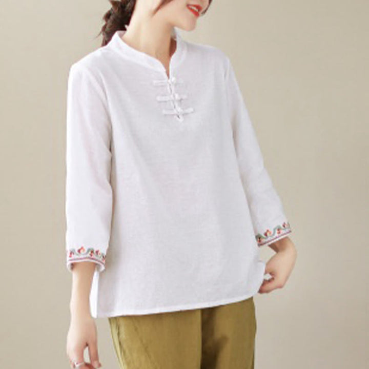 Chemise décontractée en coton et lin à manches trois-quarts et col ras du cou pour femme avec boutons grenouille et jacquard Buddha Stones - image 3