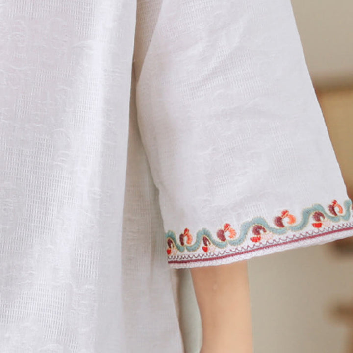 Chemise décontractée en coton et lin à manches trois-quarts et col ras du cou pour femme avec boutons grenouille et jacquard Buddha Stones - image 11