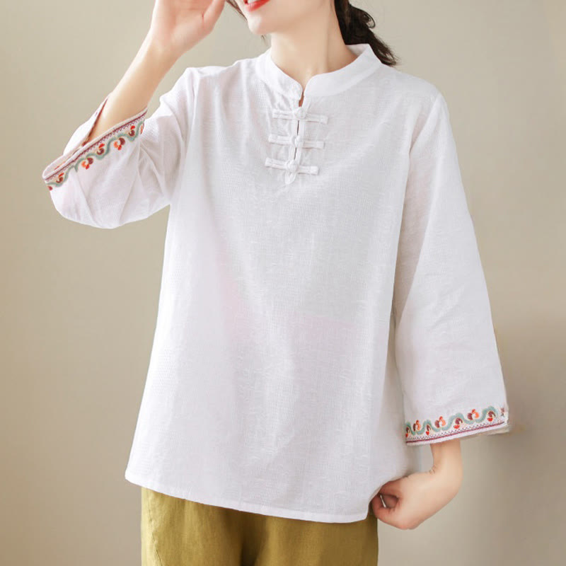 Chemise décontractée en coton et lin à manches trois-quarts et col ras du cou pour femme avec boutons grenouille et jacquard Buddha Stones - image 4