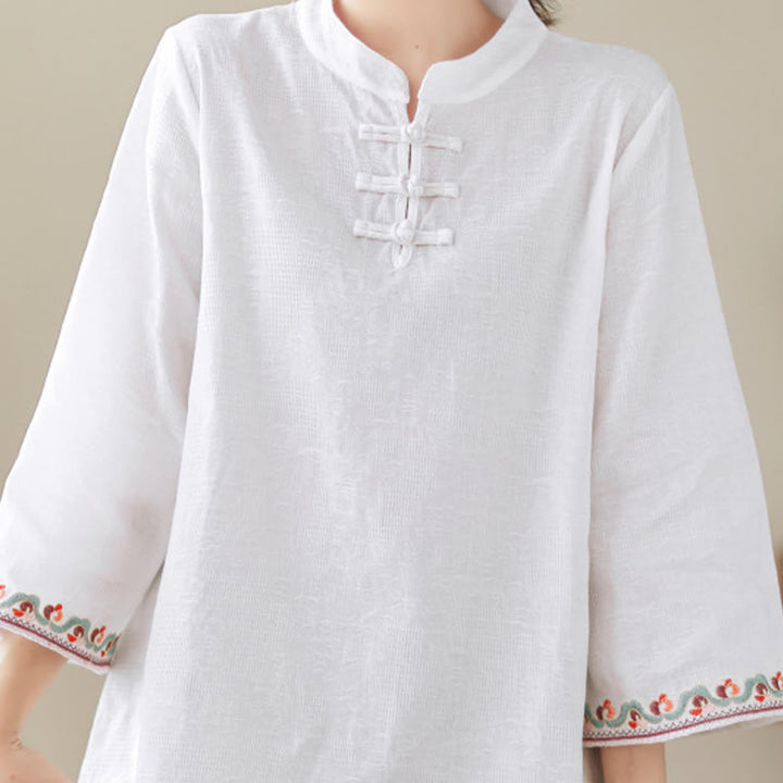 Chemise décontractée en coton et lin à manches trois-quarts et col ras du cou pour femme avec boutons grenouille et jacquard Buddha Stones - image 6