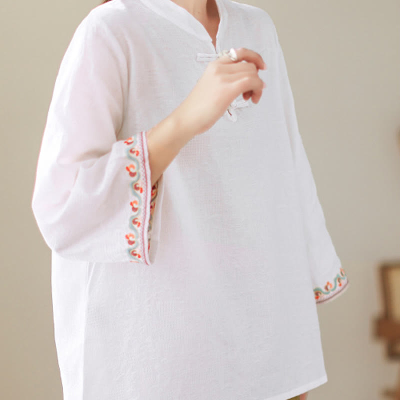Chemise décontractée en coton et lin à manches trois-quarts et col ras du cou pour femme avec boutons grenouille et jacquard Buddha Stones - image 2