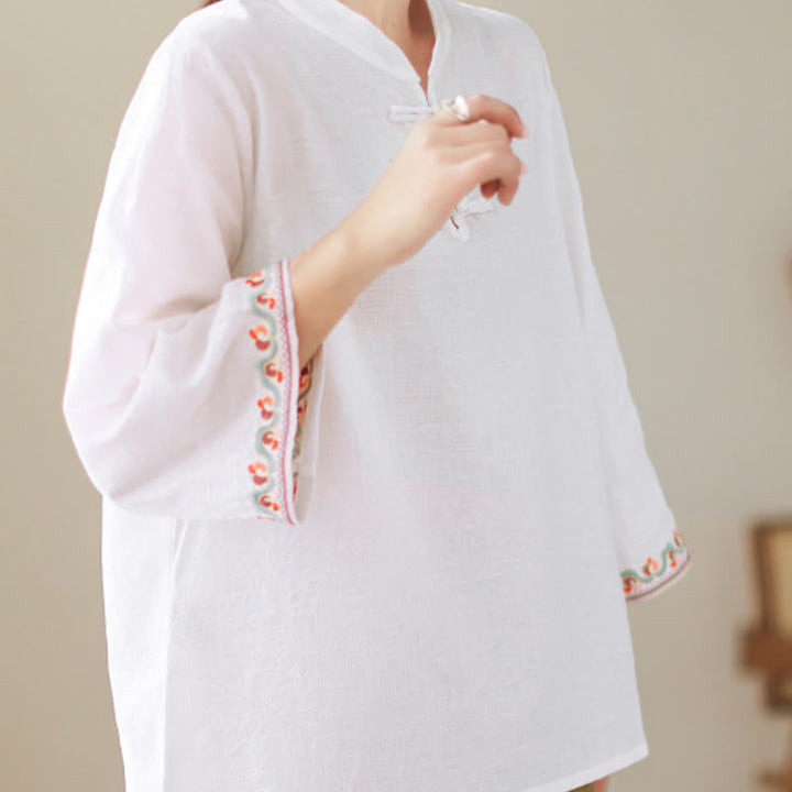 Chemise décontractée en coton et lin à manches trois-quarts et col ras du cou pour femme avec boutons grenouille et jacquard Buddha Stones - image 2