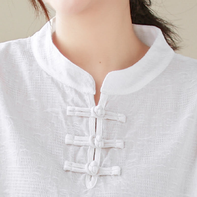 Chemise décontractée en coton et lin à manches trois-quarts et col ras du cou pour femme avec boutons grenouille et jacquard Buddha Stones - image 5
