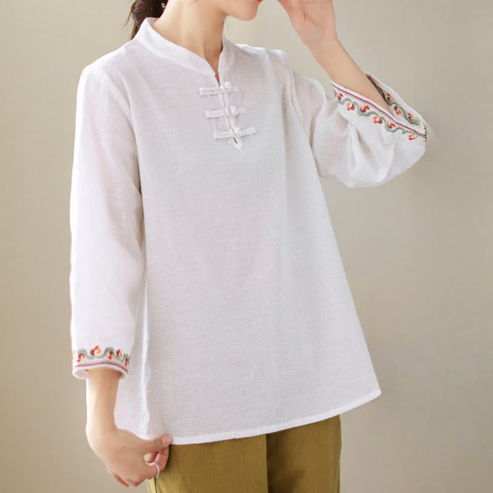 Chemise décontractée en coton et lin à manches trois-quarts et col ras du cou pour femme avec boutons grenouille et jacquard Buddha Stones - image 9