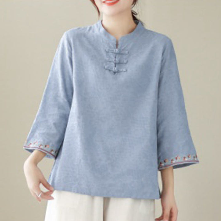 Chemise décontractée en coton et lin à manches trois-quarts et col ras du cou pour femme avec boutons grenouille et jacquard Buddha Stones - image 14