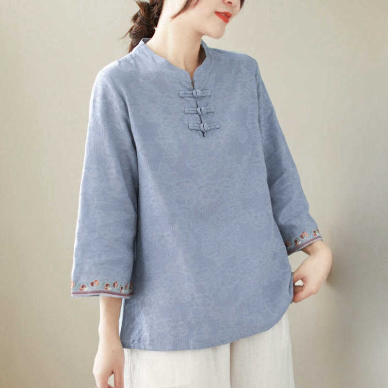 Chemise décontractée en coton et lin à manches trois-quarts et col ras du cou pour femme avec boutons grenouille et jacquard Buddha Stones - Bleu ciel clair - US8-10，UK/AU12-14，EU40-42 (2XL) - image 12