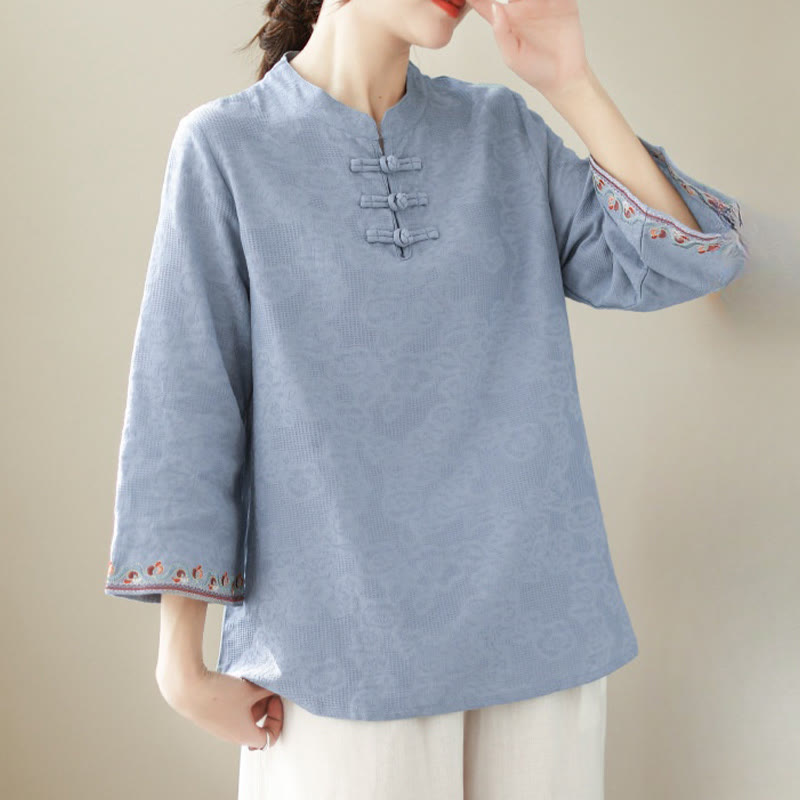 Chemise décontractée en coton et lin à manches trois-quarts et col ras du cou pour femme avec boutons grenouille et jacquard Buddha Stones - image 13