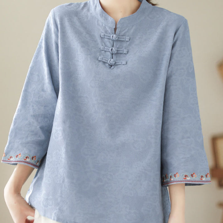 Chemise décontractée en coton et lin à manches trois-quarts et col ras du cou pour femme avec boutons grenouille et jacquard Buddha Stones - image 19