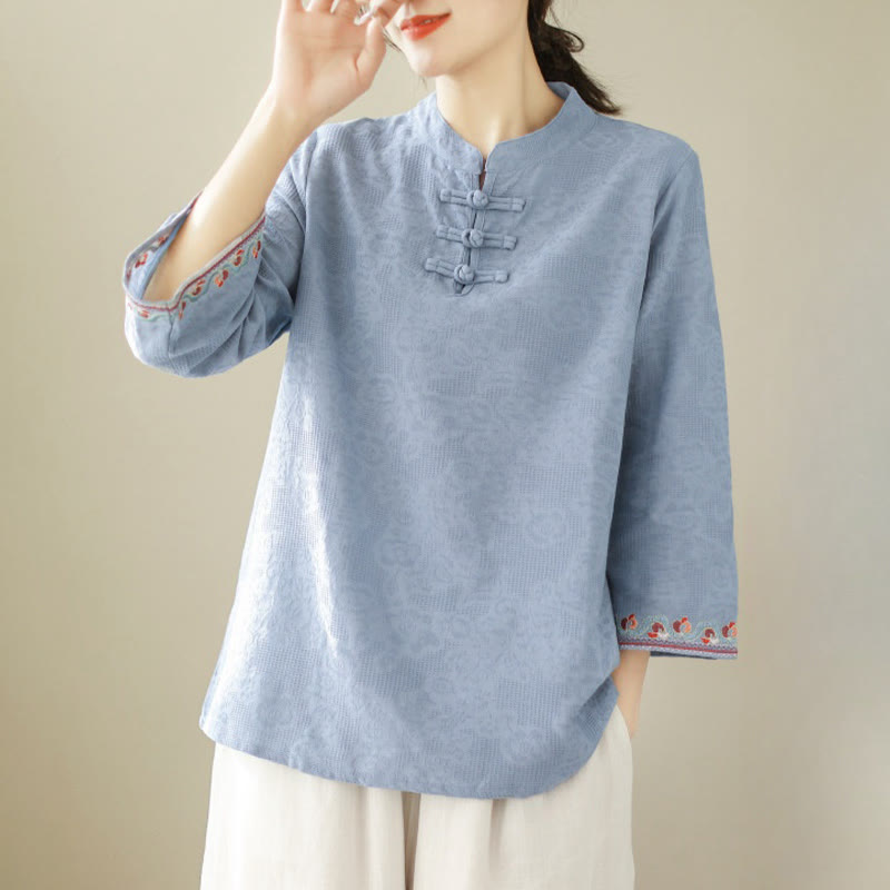 Chemise décontractée en coton et lin à manches trois-quarts et col ras du cou pour femme avec boutons grenouille et jacquard Buddha Stones - image 15
