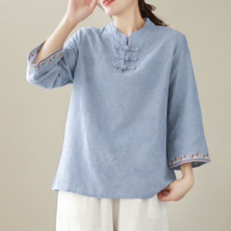 Chemise décontractée en coton et lin à manches trois-quarts et col ras du cou pour femme avec boutons grenouille et jacquard Buddha Stones - image 16