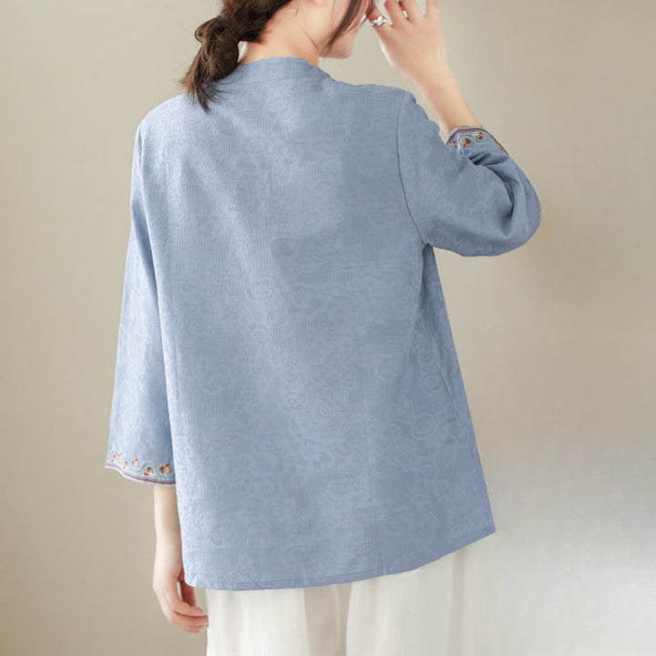 Chemise décontractée en coton et lin à manches trois-quarts et col ras du cou pour femme avec boutons grenouille et jacquard Buddha Stones - image 18