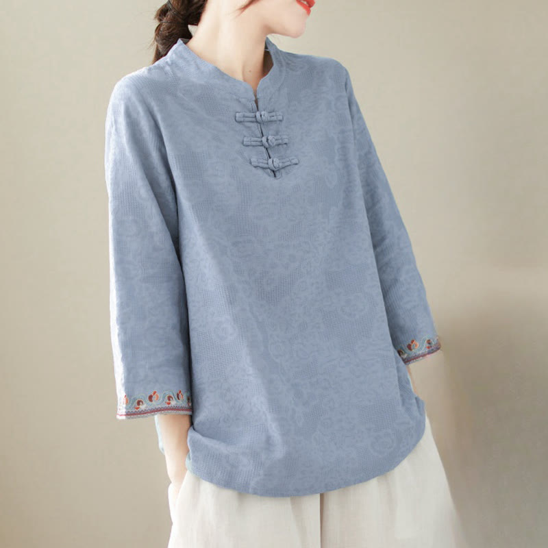 Chemise décontractée en coton et lin à manches trois-quarts et col ras du cou pour femme avec boutons grenouille et jacquard Buddha Stones - image 17