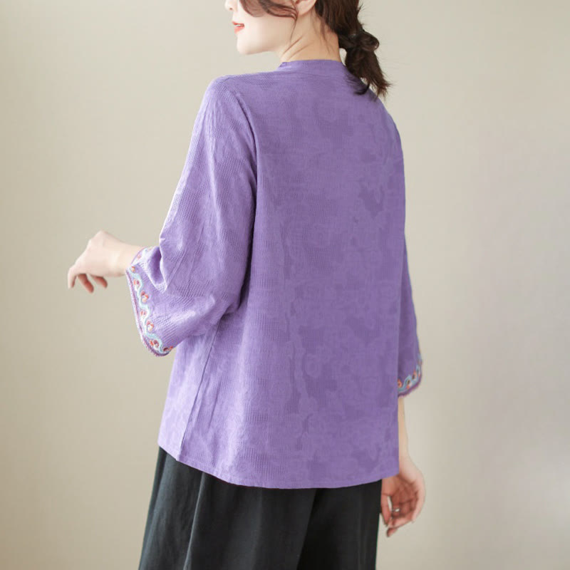 Chemise décontractée en coton et lin à manches trois-quarts et col ras du cou pour femme avec boutons grenouille et jacquard Buddha Stones - image 21