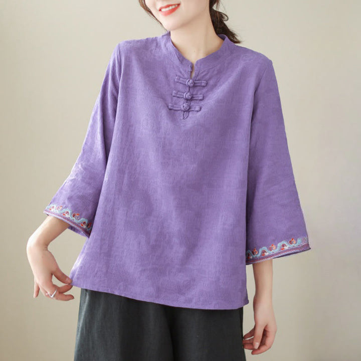 Chemise décontractée en coton et lin à manches trois-quarts et col ras du cou pour femme avec boutons grenouille et jacquard Buddha Stones - image 23