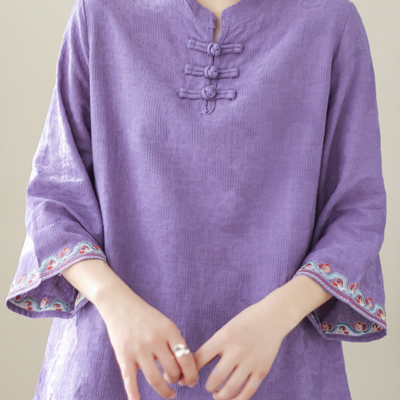 Chemise décontractée en coton et lin à manches trois-quarts et col ras du cou pour femme avec boutons grenouille et jacquard Buddha Stones - image 24