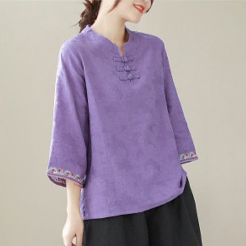 Chemise décontractée en coton et lin à manches trois-quarts et col ras du cou pour femme avec boutons grenouille et jacquard Buddha Stones - image 22