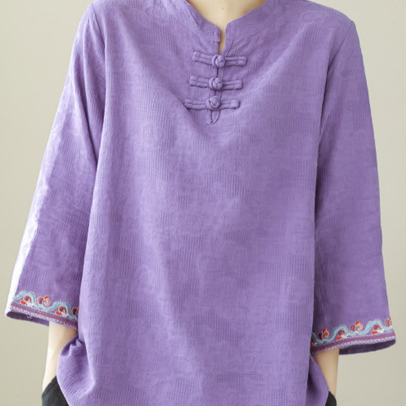 Chemise décontractée en coton et lin à manches trois-quarts et col ras du cou pour femme avec boutons grenouille et jacquard Buddha Stones - image 26