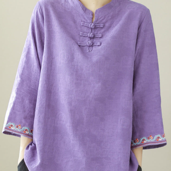 Chemise décontractée en coton et lin à manches trois-quarts et col ras du cou pour femme avec boutons grenouille et jacquard Buddha Stones - image 26