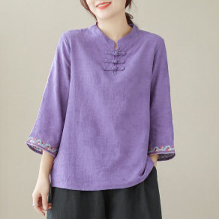 Chemise décontractée en coton et lin à manches trois-quarts et col ras du cou pour femme avec boutons grenouille et jacquard Buddha Stones - image 25