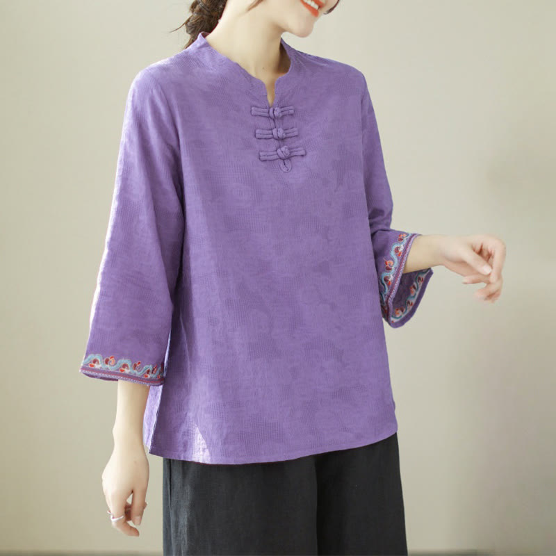 Chemise décontractée en coton et lin à manches trois-quarts et col ras du cou pour femme avec boutons grenouille et jacquard Buddha Stones - BleuViolet - US8-10，UK/AU12-14，EU40-42 (2XL) - image 20