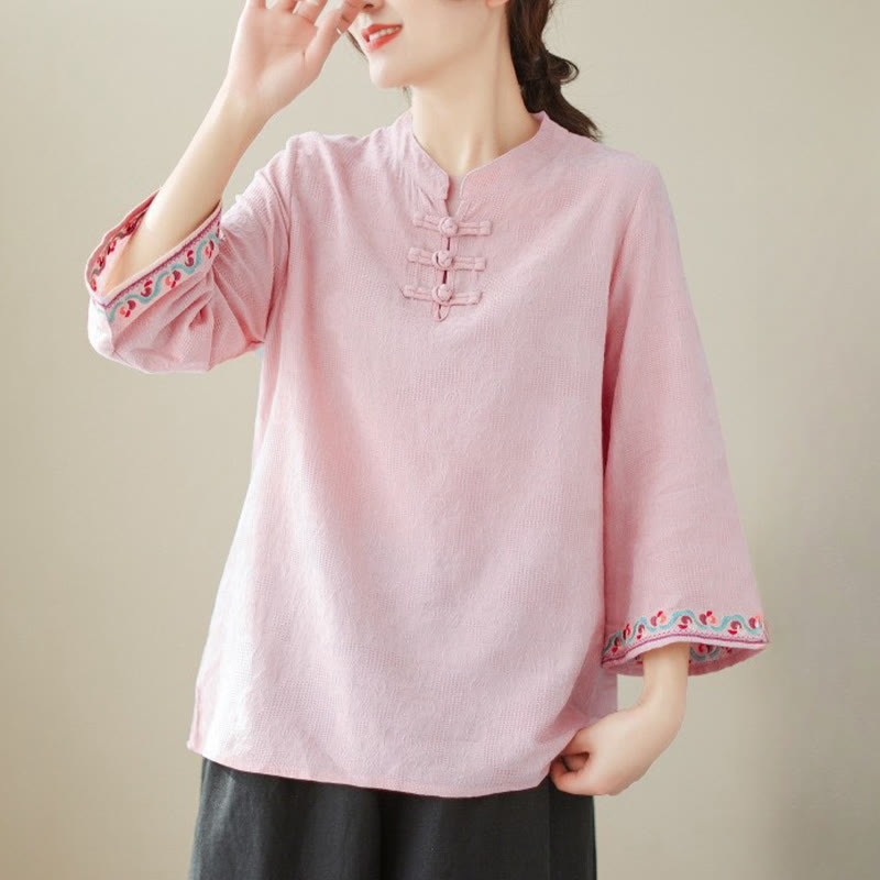Chemise décontractée en coton et lin à manches trois-quarts et col ras du cou pour femme avec boutons grenouille et jacquard Buddha Stones - Rose - US8-10，UK/AU12-14，EU40-42 (2XL) - image 27