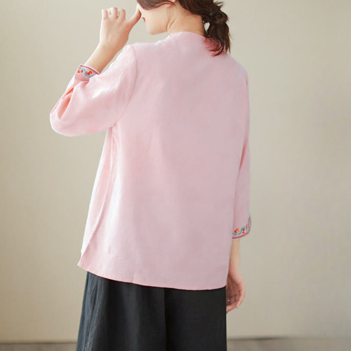 Chemise décontractée en coton et lin à manches trois-quarts et col ras du cou pour femme avec boutons grenouille et jacquard Buddha Stones - image 29