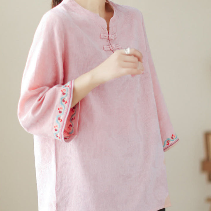 Chemise décontractée en coton et lin à manches trois-quarts et col ras du cou pour femme avec boutons grenouille et jacquard Buddha Stones - image 30