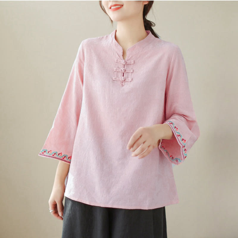 Chemise décontractée en coton et lin à manches trois-quarts et col ras du cou pour femme avec boutons grenouille et jacquard Buddha Stones - image 28