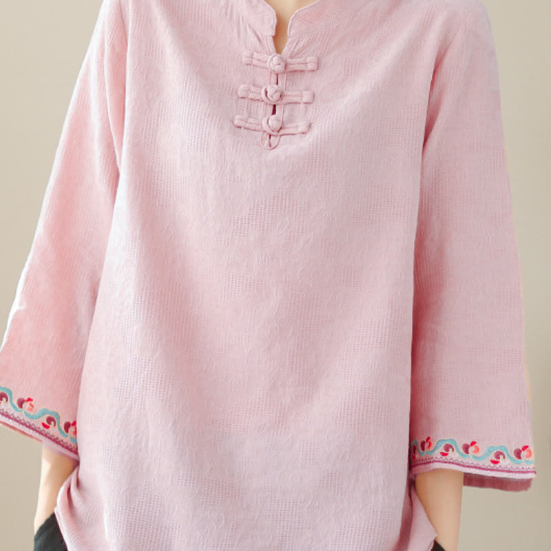 Chemise décontractée en coton et lin à manches trois-quarts et col ras du cou pour femme avec boutons grenouille et jacquard Buddha Stones - image 31
