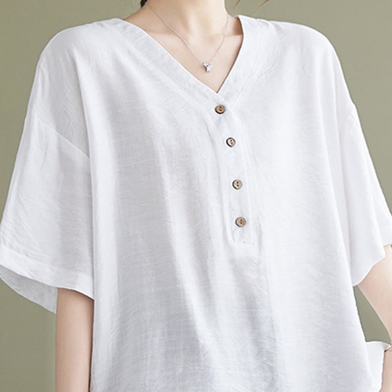 Chemise décontractée à manches courtes en viscose pour femme avec col en V et Buddha Stones