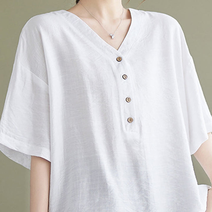 Chemise décontractée à manches courtes en viscose pour femme avec col en V et Buddha Stones