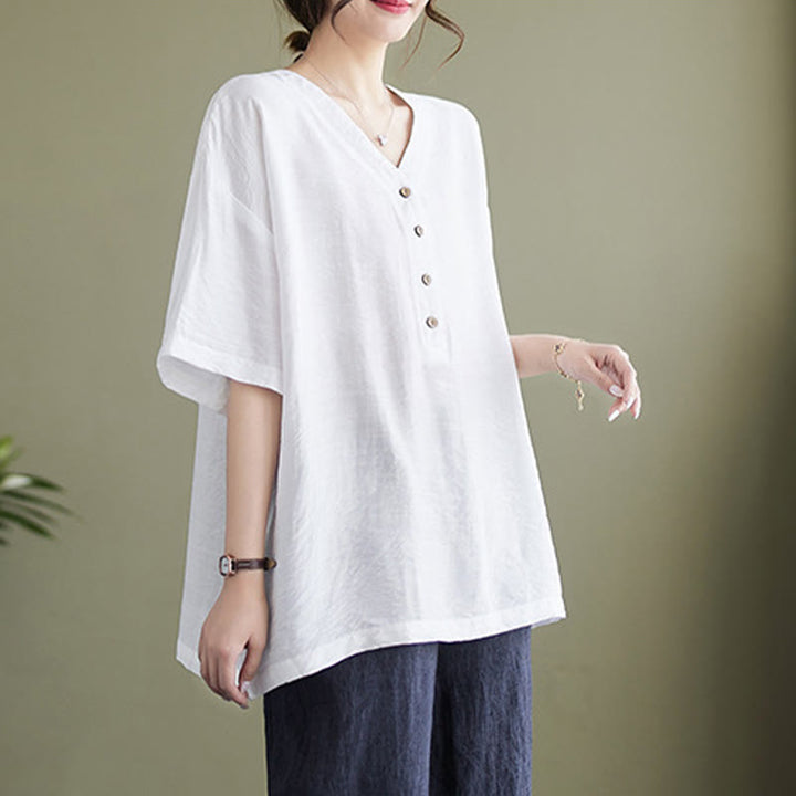 Chemise décontractée à manches courtes en viscose pour femme avec col en V et Buddha Stones
